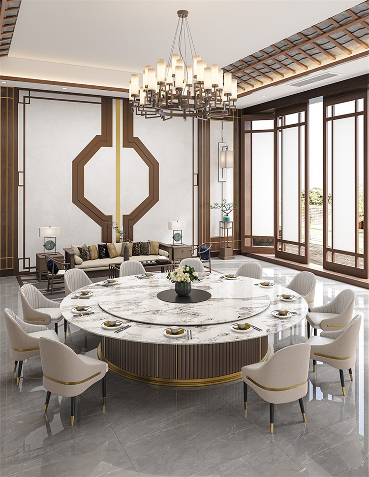 會(huì)所別墅包廂自動(dòng)轉(zhuǎn)盤巖板高檔電動(dòng)餐桌大圓桌