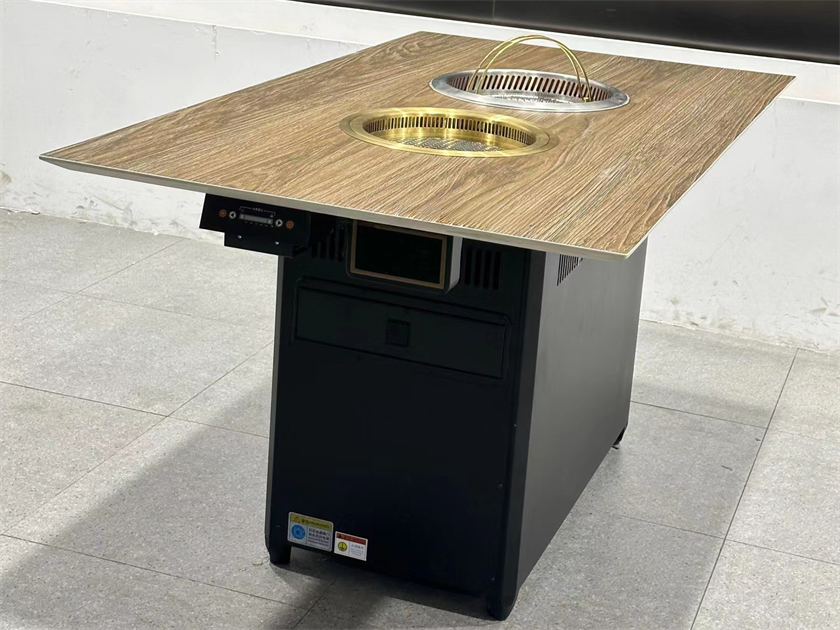 日式烤肉店仿木紋巖板無(wú)煙火鍋烤肉一體桌