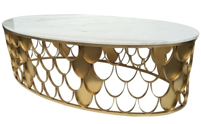 商務ktv后現(xiàn)代鍍金色不銹鋼橢圓魚鱗茶幾