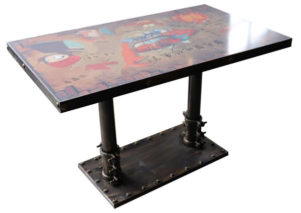 工業(yè)風(fēng)實木餐桌面五金鐵藝包邊_古銅金色餐桌腳底座_西餐廳餐桌