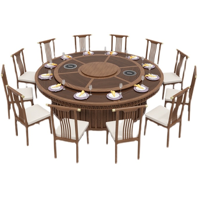 會所包廂中式實木自動旋轉電磁爐電動餐桌