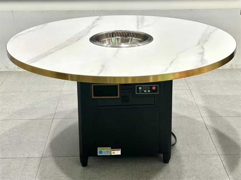 火鍋店時尚不銹鋼封邊大理石圓形無煙火鍋桌