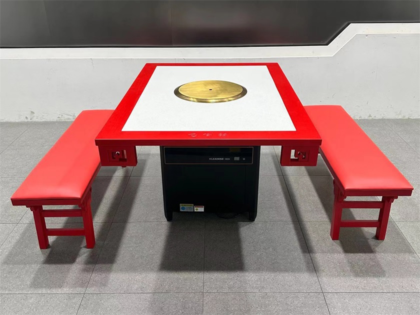 火鍋店中式復古實木封邊大理石無煙凈化火鍋桌