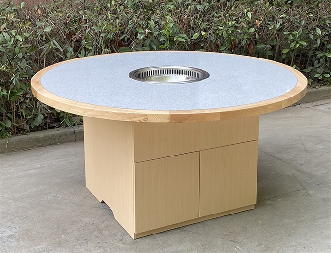 實木包邊大理石無煙凈化6人位圓形火鍋桌