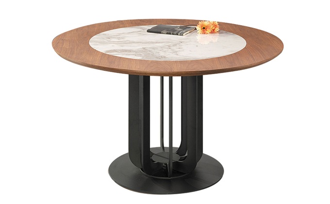 西餐廳新中式實(shí)木封邊大理石圓桌