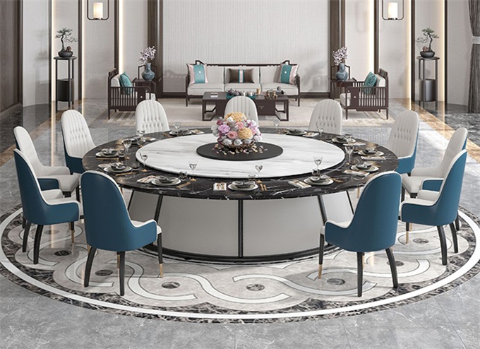 酒樓包間新中式大理石帶轉(zhuǎn)盤電動(dòng)旋轉(zhuǎn)餐桌