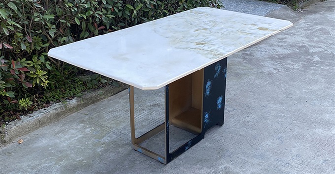 綠茶餐廳簡約新中式現(xiàn)代大理石鐵藝長方形餐桌