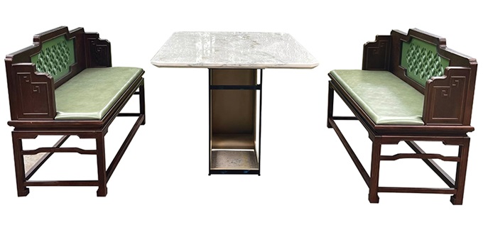 綠茶餐廳簡約新中式現(xiàn)代大理石鐵藝長方形餐桌